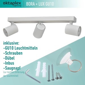 Oktaplex Bora Deckenleuchte, 3-flammig, weiß, schwenkbar, inkl. Leuchtmittel und Zubehör.