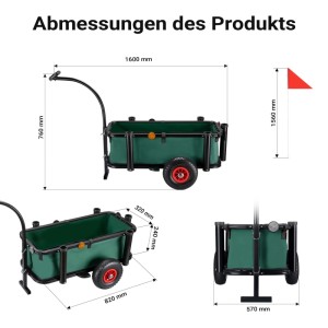 Technische Zeichnung des Wiltec Angelwagens mit Maßen. Grüner Transportkarren mit Stahlrahmen und roten Rädern.