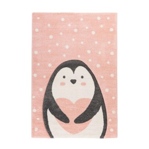 Rosa Kinderteppich mit Pinguin und Herz, Kurzflor mit 3D-Effekt, 120x170 cm.