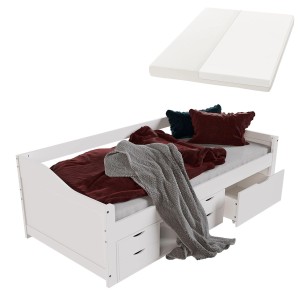 Weißes Juskys Kinder Funktionsbett Nalu 90x200 cm mit Matratze und Schubladen.