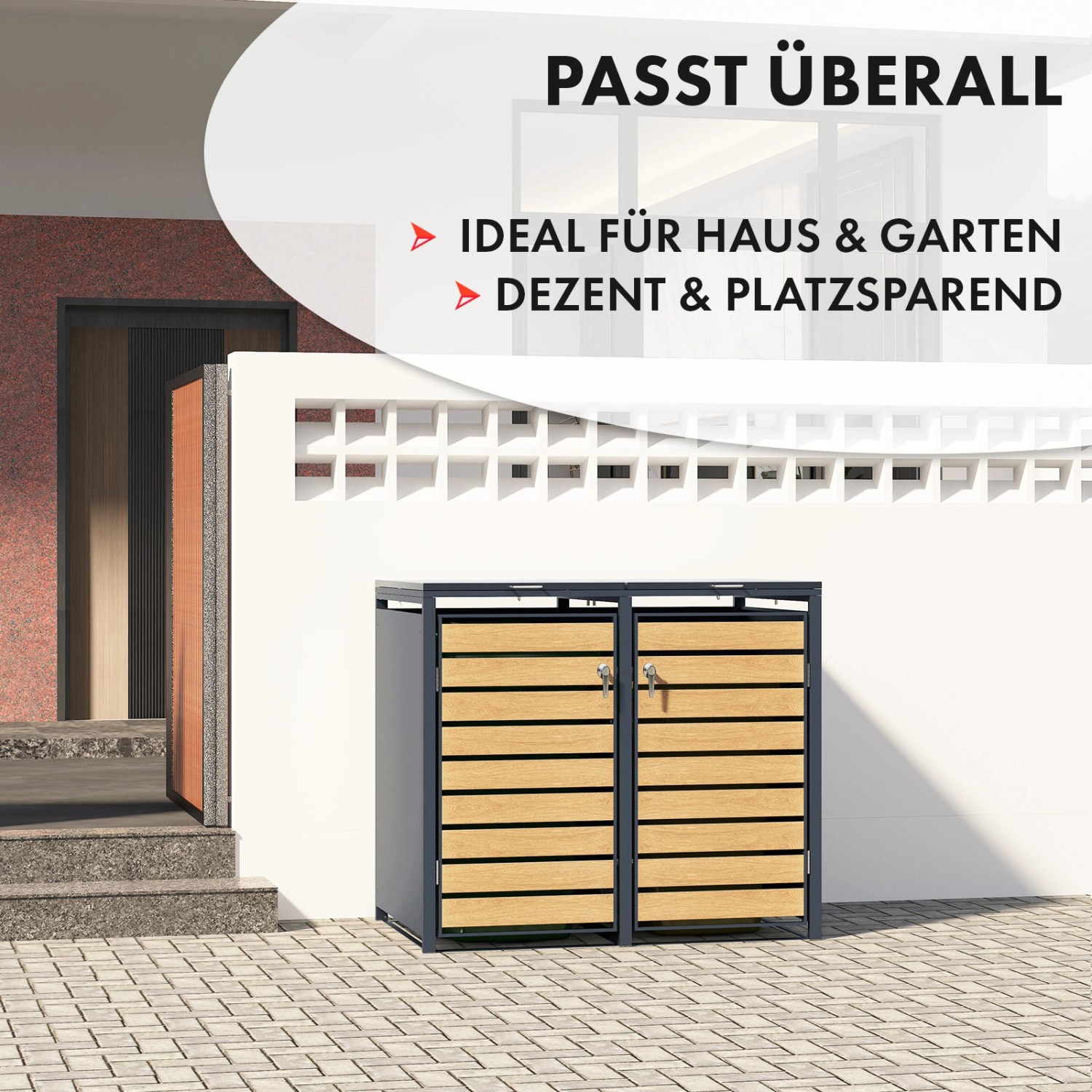 KARAT Mülltonnenbox Johan mit Edelstahlrahmen und Holzdekor für 2 Mülltonnen.