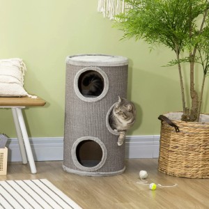 Grauer PawHut Kratzturm mit drei Höhlen und zwei Katzen.