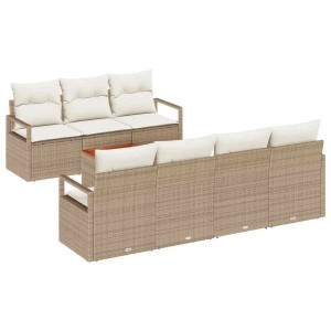 8-teiliges Garten-Sofa-Set in Beige/Weiß mit Tisch aus Rattan und Akazienholz.