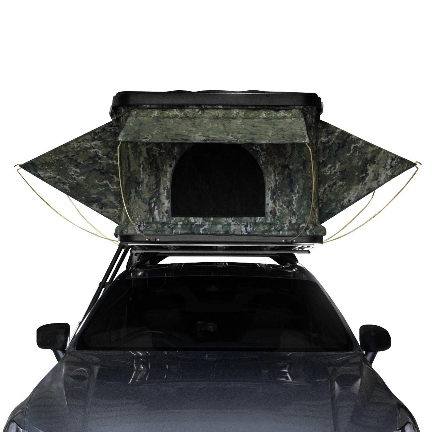 Monstershop Auto Dachzelt Camouflage auf einem Auto montiert. Camping Zubehör für 2-3 Personen.