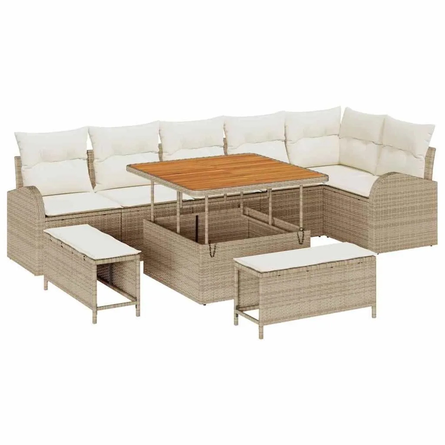 vidaXL Garten-Sofa-Set mit Kissen mit Speicher 9-Tlg Beige und Creme 3364356