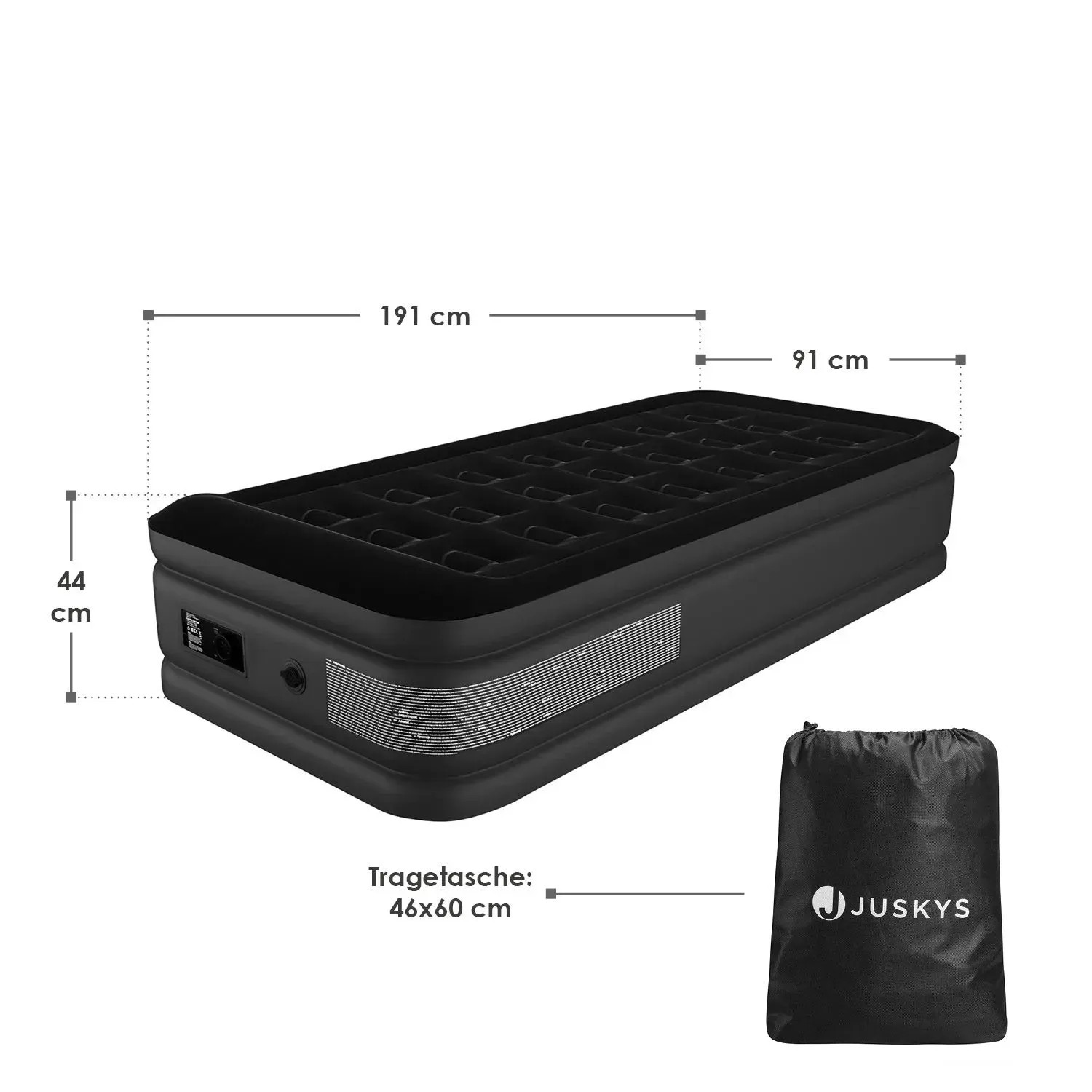 Schwarzes Juskys Luftbett Sapri M mit Maßen und Tragetasche.
