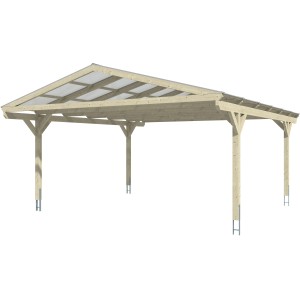 Skan Holz Carport Westerwald, Doppelcarport aus Holz mit Stegplatten und geraden Kopfbändern in Schiefergrau.