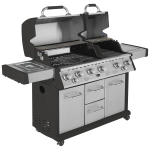 Justus Premium BBQ-Gasgrill Mars mit 6 Brennern und Seitenbrenner, Edelstahl, mit offenem Deckel.