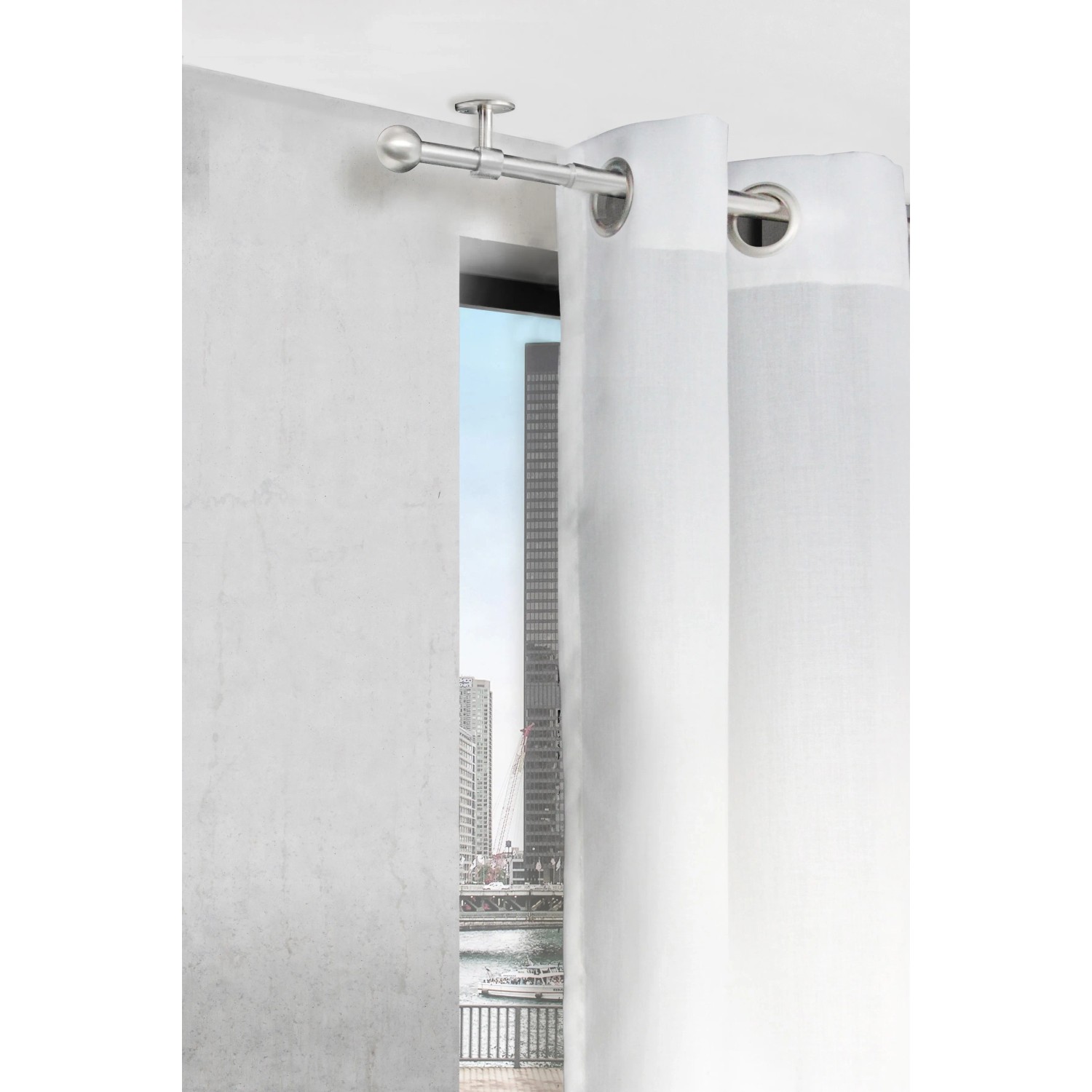 Mydeco Gardinenstange Komplettset, ausziehbar, Edelstahl-Optik, 160-280cm, mit weißem Vorhang.