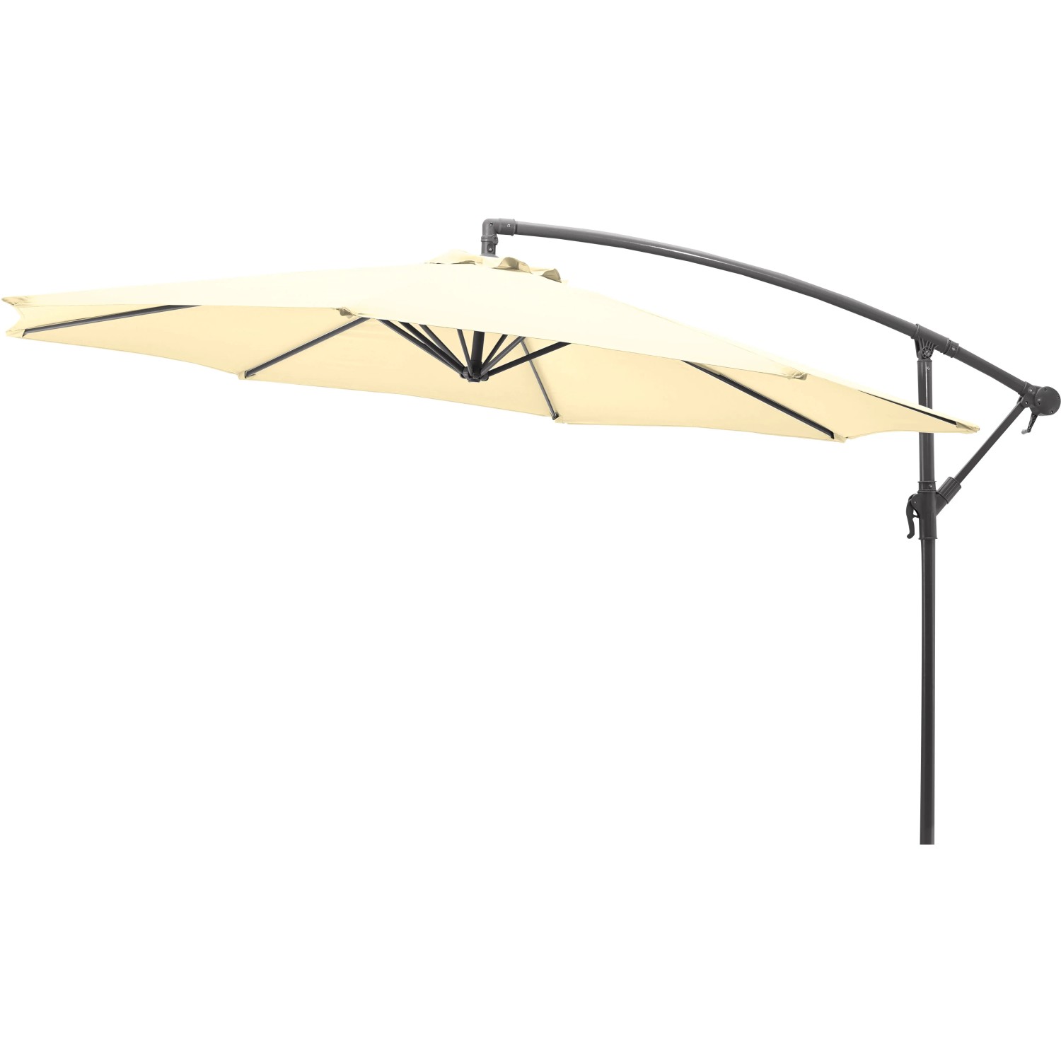 Gartenfreunde Ampelschirm, Ø 300 cm, Creme, mit Kurbel und grauem Aluminiumgestell.