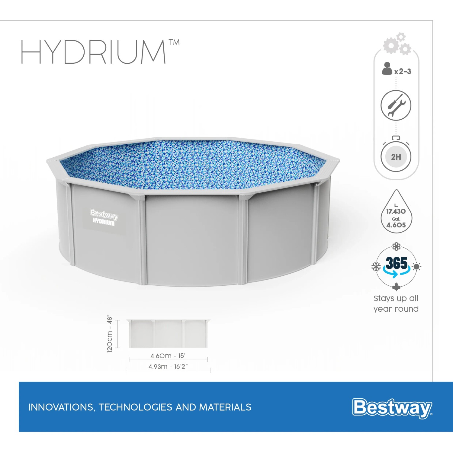 Bestway Hydrium Stahlwandpool Set, Ø 460x120 cm, grau, mit Sandfilteranlage.