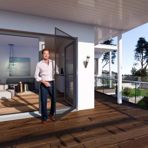 Windhager Insektenschutz-Türrahmen, 100x210 cm, Anthrazit, mit Mann auf Terrasse.