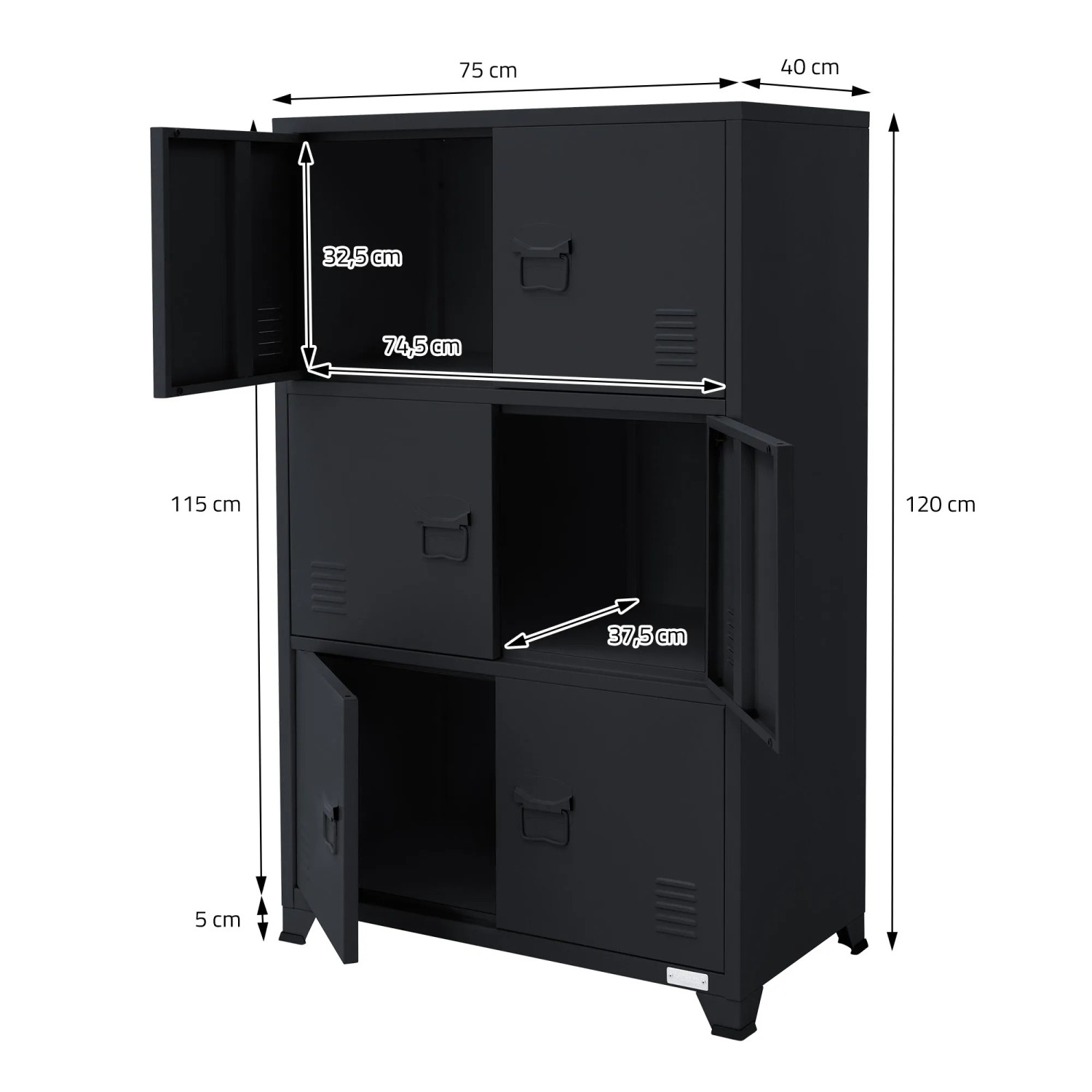 ML-Design Aktenschrank, 75x40x120 cm, Anthrazit, Stahlschrank mit offenen Türen und Maßangaben.