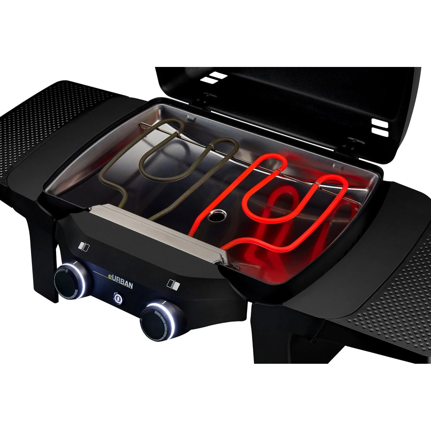 Enders eUrban 2 Elektrogrill mit offenem Deckel, Heizelementen und Seitenablagen.