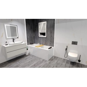 Weiße KOLMAN Rechteckbadewanne 180x80 cm mit Bambus Badewannenablage und Wannenträger, in modernem Badezimmer.