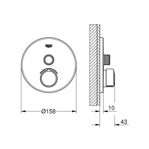 Technische Zeichnung: Grohe SmartControl Unterputzmischer, Chrom, runde Rosette, Maße.