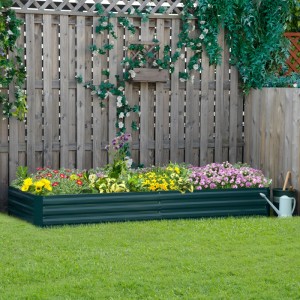 Rechteckiges, grünes Outsunny Garten-Bett aus verzinktem Stahl mit bunten Blumen bepflanzt.