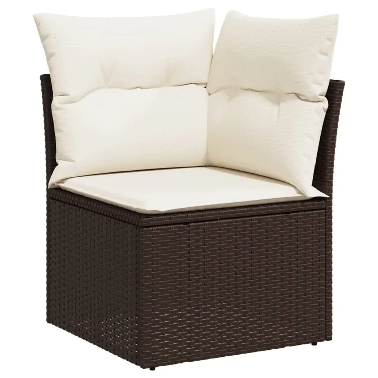 Braunes vidaXL Garten Ecksofa aus Rattan mit cremeweißen Kissen.