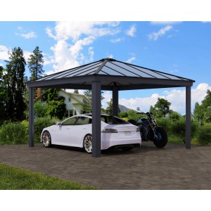 Grauer Palram Canopia Carport Colorado mit Auto und Motorrad. Moderner Unterstand für Fahrzeuge.
