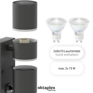 Oktaplex Chile Außenwandleuchte mit Bewegungsmelder, Edelstahl, Anthrazit, 2x GU10 Fassung.