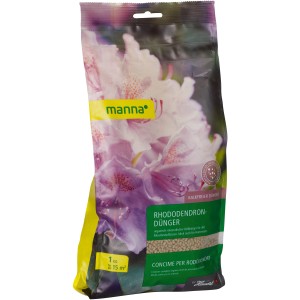 Manna Rhododendrondünger 1 kg im Beutel mit Rhododendronblüte. Spezialdünger für Moorbeetpflanzen.