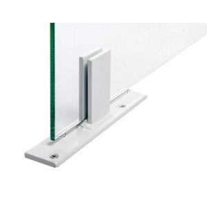 Weißer Standfuß (200 mm) für 6 mm ESG Hygieneschutzglas, längs oder quer montierbar.