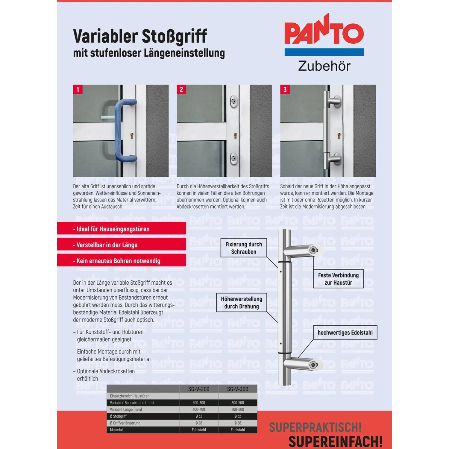 Edelstahl Stoßgriff-Set für Haustüren, variabel 300-400mm, inklusive Befestigungsmaterial und Rosetten.