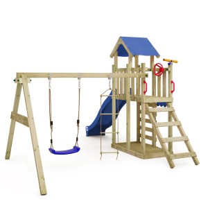 Wickey Spielturm MultiFlyer Light mit Rutsche (pastellblau), Schaukel, Strickleiter und Kletterwand.