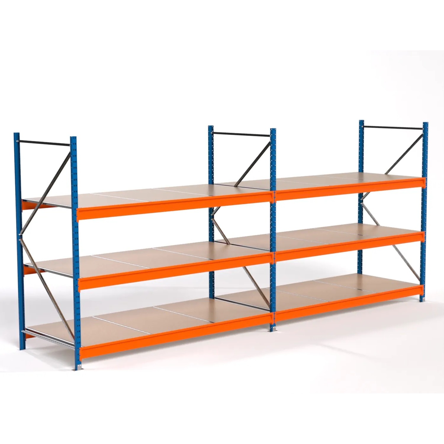 PROREGAL Industrie Weitspannregal Lagerregal MAXIMUS PRO Komplettregal 2 Felder HxBxT 200x450x100cm 3 Spanplatten-Fachboden Fachlast 610kg Blau/Orange
