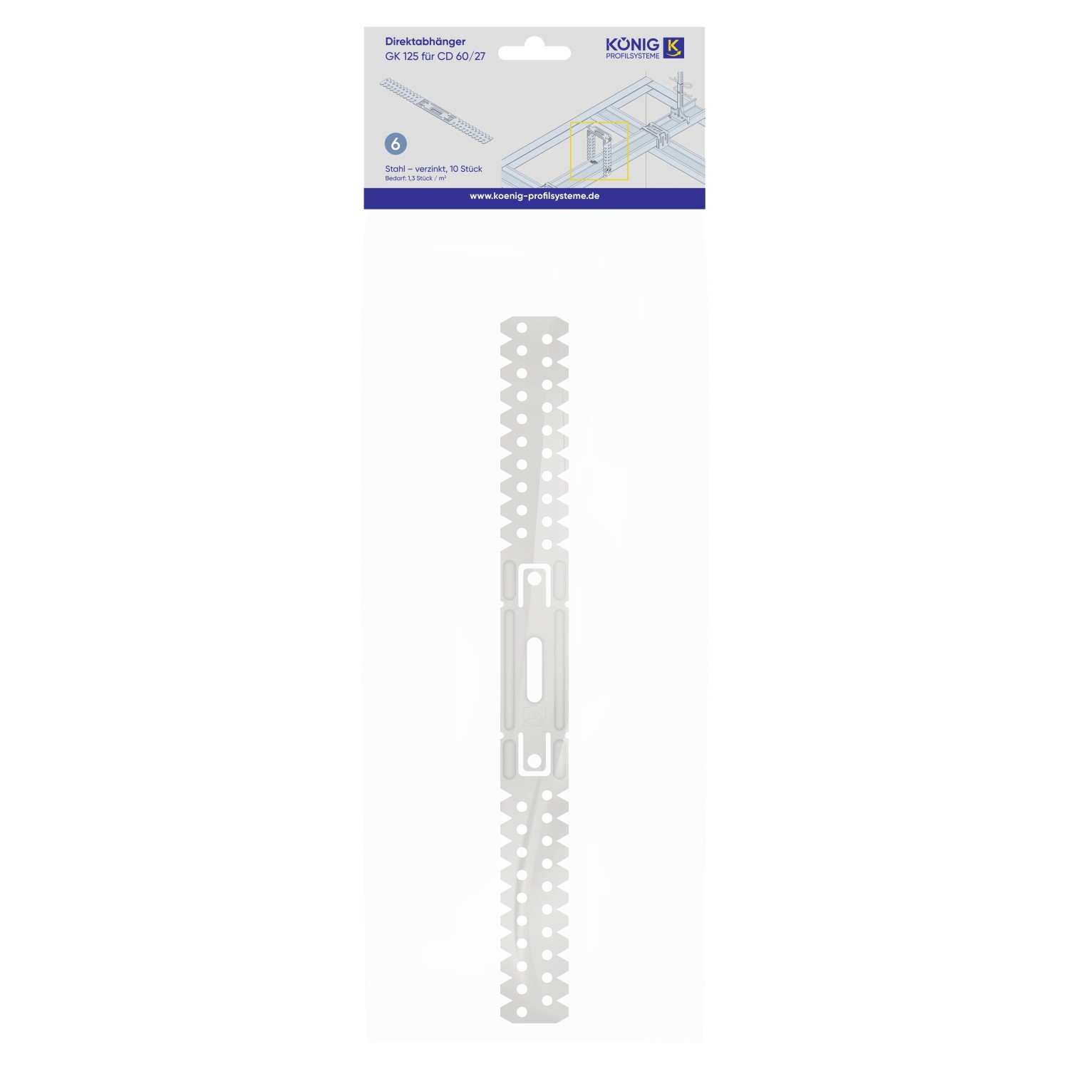 König Direktabhänger 125 mm für CD-Profile, Metall, mit Lochung und Halterung für abgehängte Decken, 10 Stück.