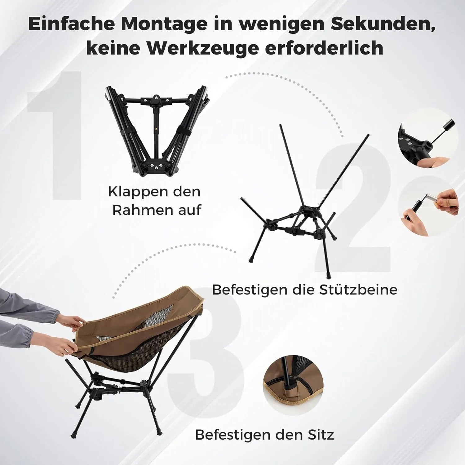 Montageanleitung für den Costway Campingstuhl: Rahmen aufklappen, Stützbeine und Sitz befestigen. Einfacher Aufbau.