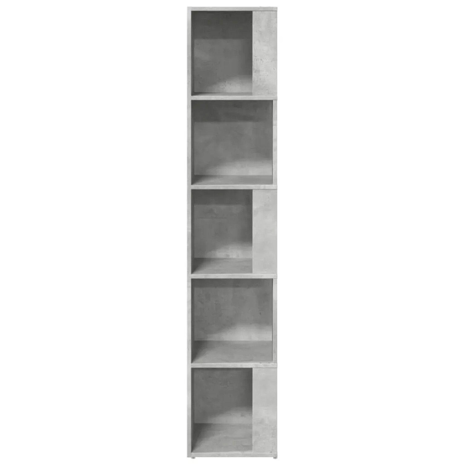 Eckregal in Betongrau mit fünf Fächern, ideal für Büro oder Wohnzimmer.