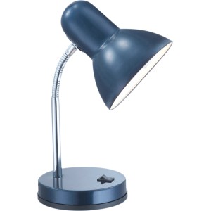 Blaue Globo Schreibtischleuchte aus Metall mit flexiblem Arm und Schalter am Fuß.