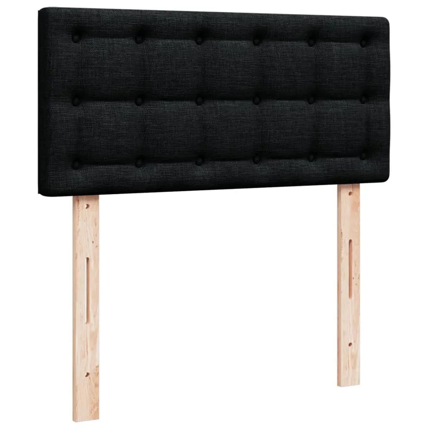 Schwarzes vidaXL Boxspringbett Kopfteil mit Knopfleiste und Holzfüßen.