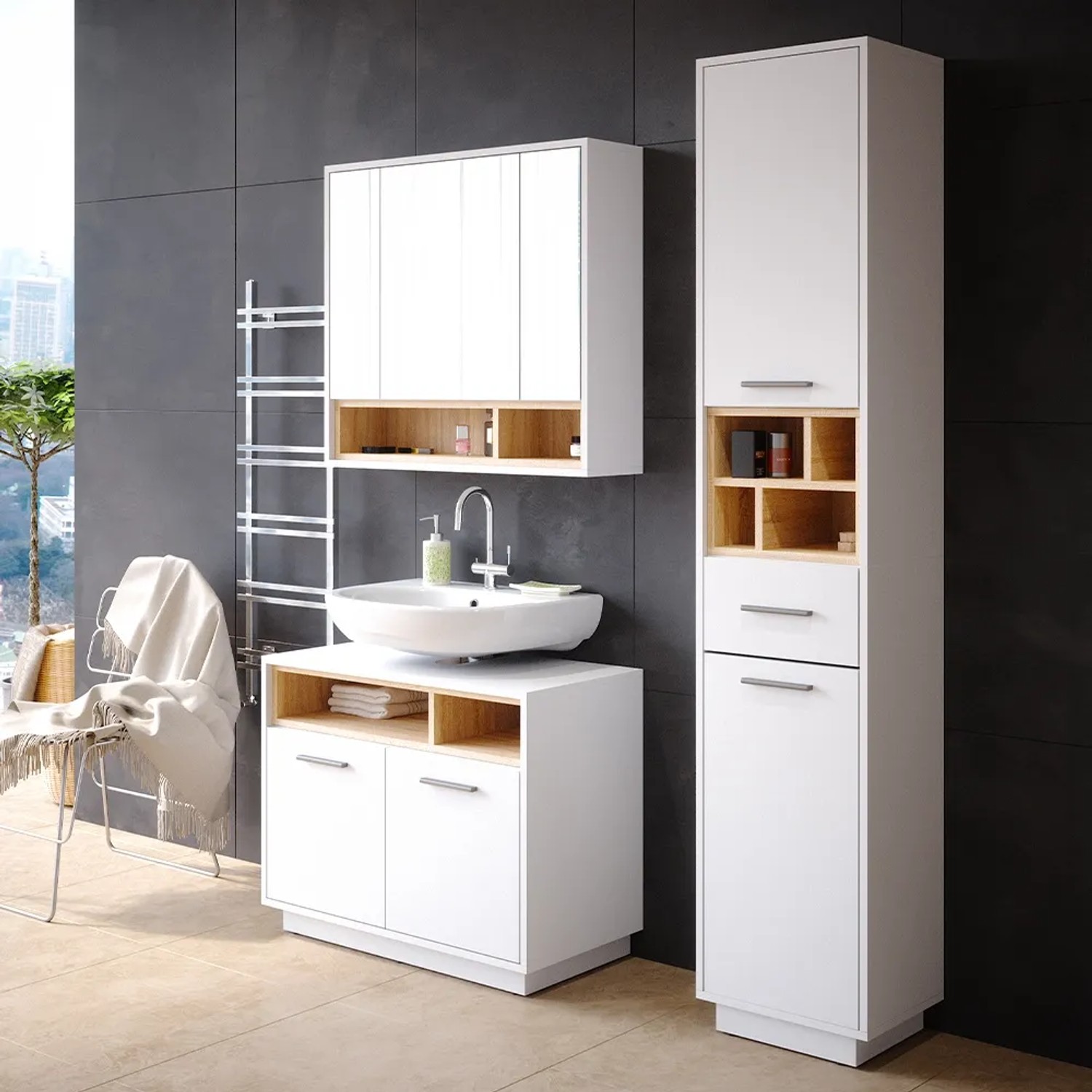 Vicco Badmöbel-Set Beatrice, 3-teilig in Weiß/Sonoma mit Spiegelschrank, Waschbeckenunterschrank und Hochschrank.