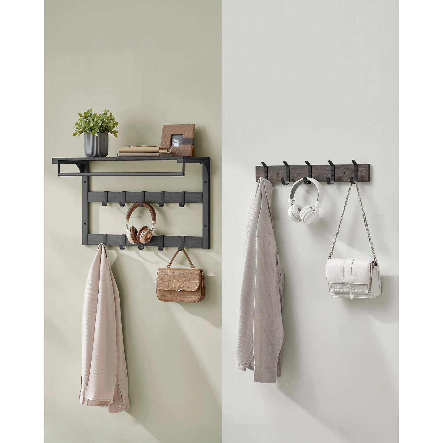 Songmics Wandgarderobe Barnet-old mit Ablage und 10 Haken in Schwarz, mit Jacken, Taschen und Kopfhörern.