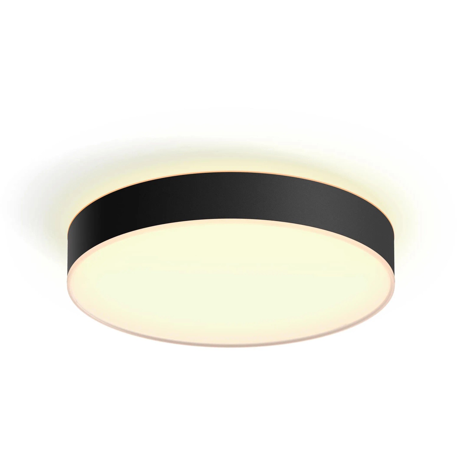 Schwarze Philips Hue Enrave L Deckenleuchte mit Dimmer und warmweißem Licht.