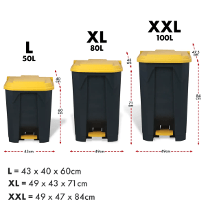 KARAT Mülleimer Olaf, gelber Tretmülleimer in drei Größen (50L, 80L, 100L).