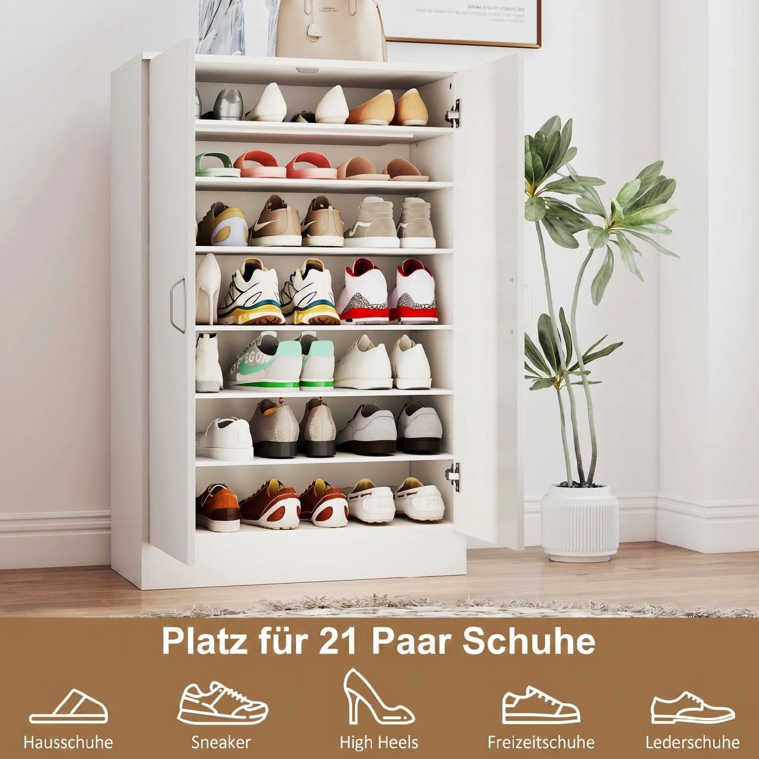 Weißer HOMCOM Schuhschrank mit offenen Türen, 7 Ebenen für 21 Paar Schuhe. Geräumige Schuhkommode aus Spanplatte.