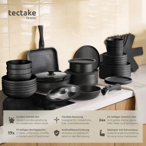 Tectake Küchenstarterset Una Parma: Geschirrset, Töpfe und Pfannen aus Steingut und Aluminium.