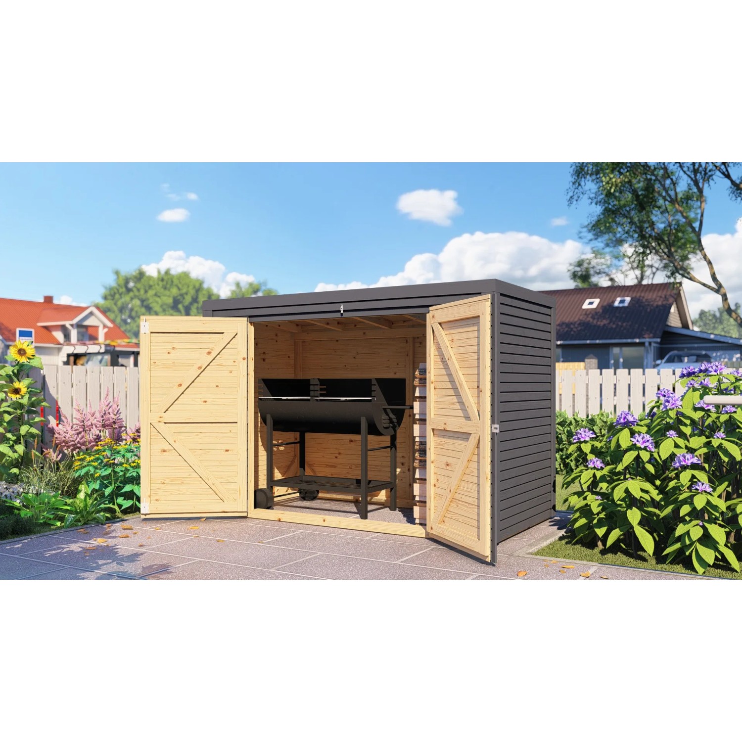 Anthrazitfarbener Bertilo Gartenschrank Box Bike (103x207cm) mit geöffneten Türen und Grill im Inneren.