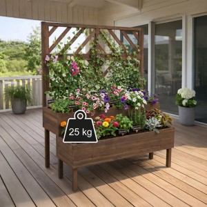 Dunkelbrauner Blumenkasten aus Tannenholz mit erhöhtem 2-stöckigem Hochbeet und Rankgitter, bepflanzt mit bunten Blumen.