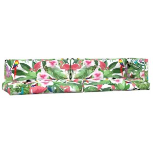 Mehrfarbiges 5-tlg. Palettenkissen-Set mit tropischem Muster für Gartenmöbel.