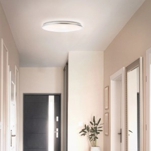 Weiße LED Deckenleuchte Avalis mit gebürstetem Aluminiumrahmen, Durchmesser 38 cm.