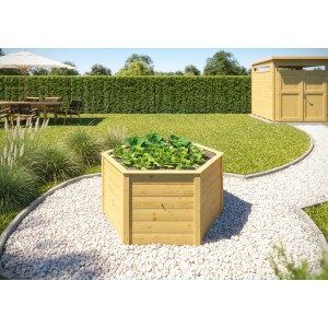 Sechseckiges Weka Elementhochbeet 669 aus Holz, naturfarben, mit Bepflanzung im Garten.