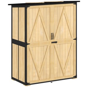 Outsunny Gartenschrank aus Tannenholz und Stahl, naturbelassen. Werkzeugschrank mit Doppeltür und Pultdach.