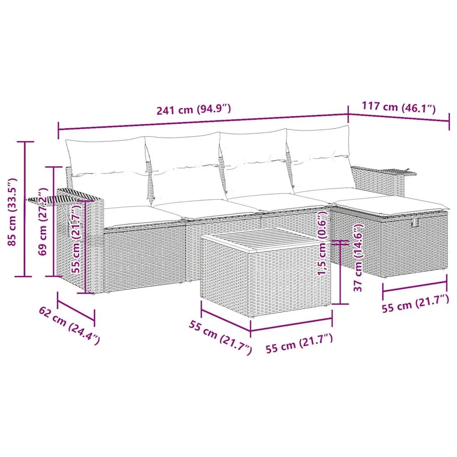 vidaXL 6-tlg. Garten-Sofagarnitur Beige Poly Rattan mit Maßen. Ideal für Terrasse und Garten.