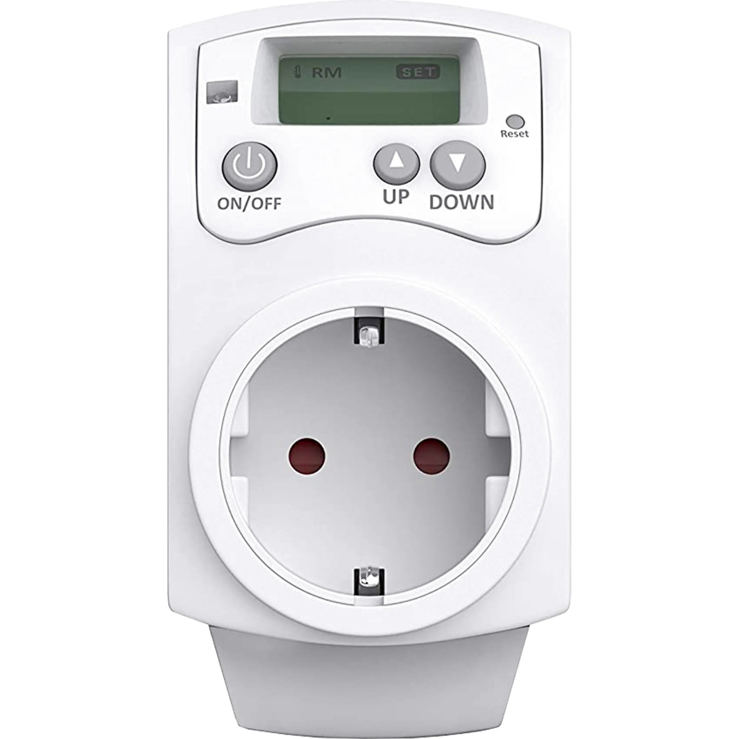 Digitales Steckdosenthermostat BC23SRT01 in Weiß zur Hausautomation, mit LCD-Display.