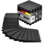 Schwarze eyepower Bodenschutzmatten, 18er Set (30x30 cm). Ein Stapel und ein Fächer der Fitness-Puzzlematten.