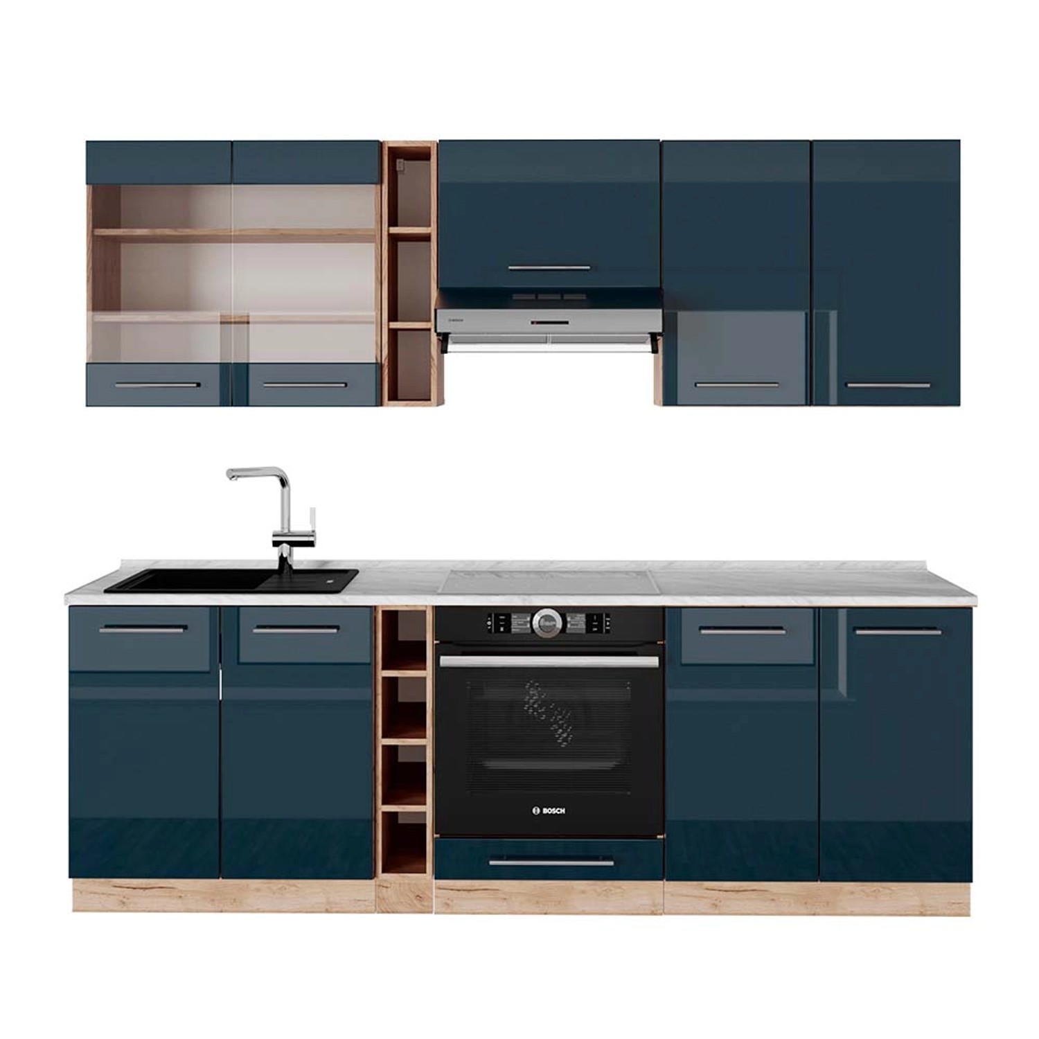 Vicco Fame-Line Küchenzeile Dunkelblau Hochglanz/Goldkraft Eiche 235 cm AP günstig online kaufen